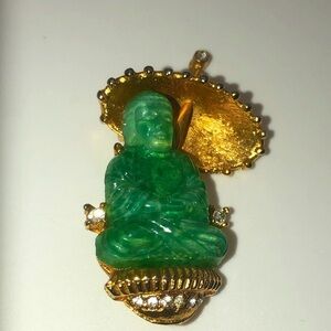 Vtg Jadeite Peking Glass Rhinestone Gold Tone Buddha  Brooch 1.7”